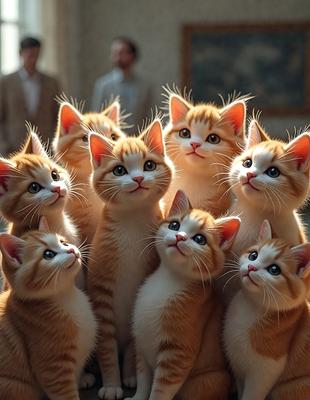 The image features a group of cats with various colors, including orange and white. They are all looking up, possibly at the camera or something else in the room. The cats are arranged in a semi-circle, with some of them standing closer to the foreground and others further back. The scene appears to be indoors, with a wall visible in the background. The overall atmosphere of the image is playful and adorable, as the cats seem to be enjoying their time together.